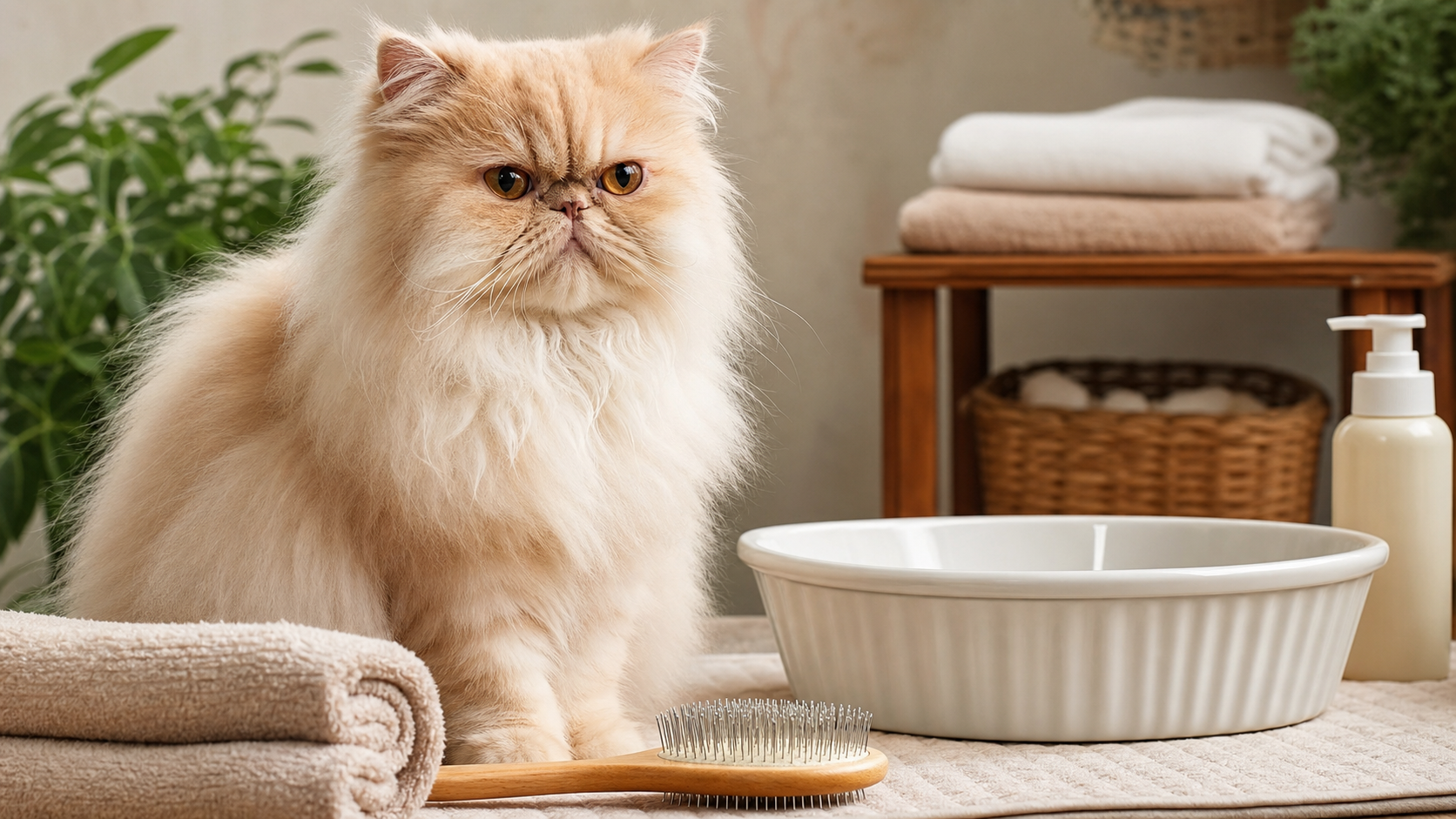 A calm long-haired Persian cat being gently bathed with grooming supplies nearby